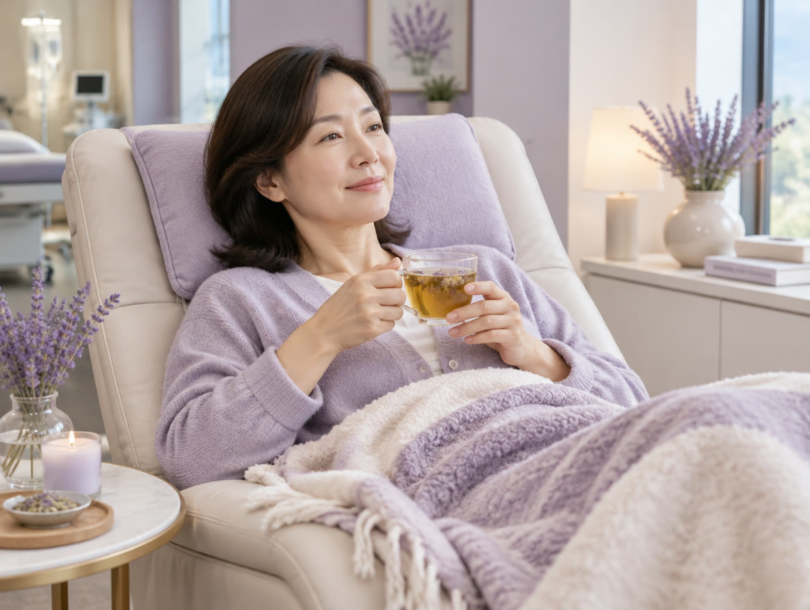 회복 라운지 리클라이너에서 담요를 덮고 차를 마시는 여성