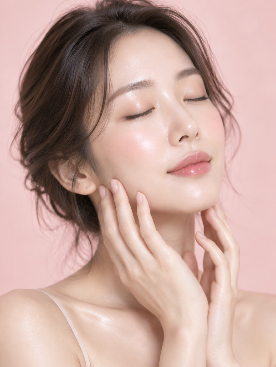 턱선을 손끝으로 감싸는 여성