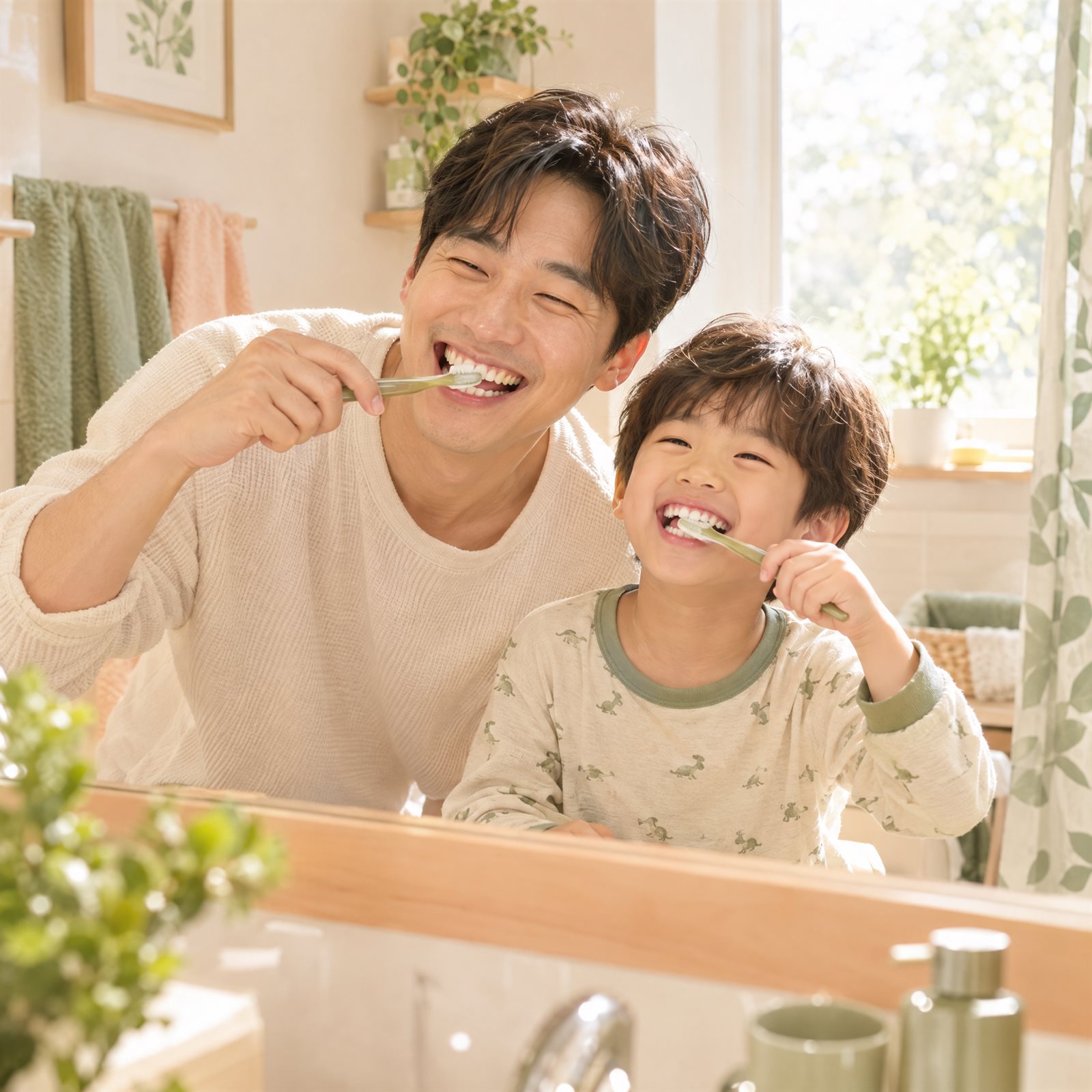 거울 앞에서 함께 양치하며 웃는 아빠와 아들