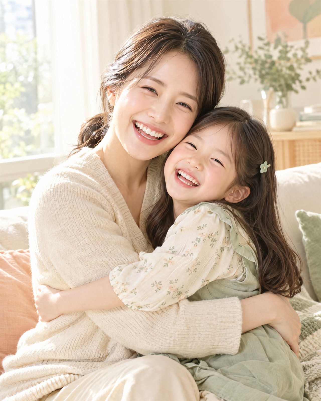 소파에서 서로 안고 활짝 웃는 엄마와 딸