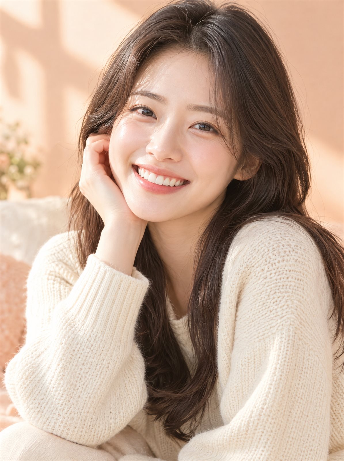 턱을 괴고 환하게 웃는 여성
