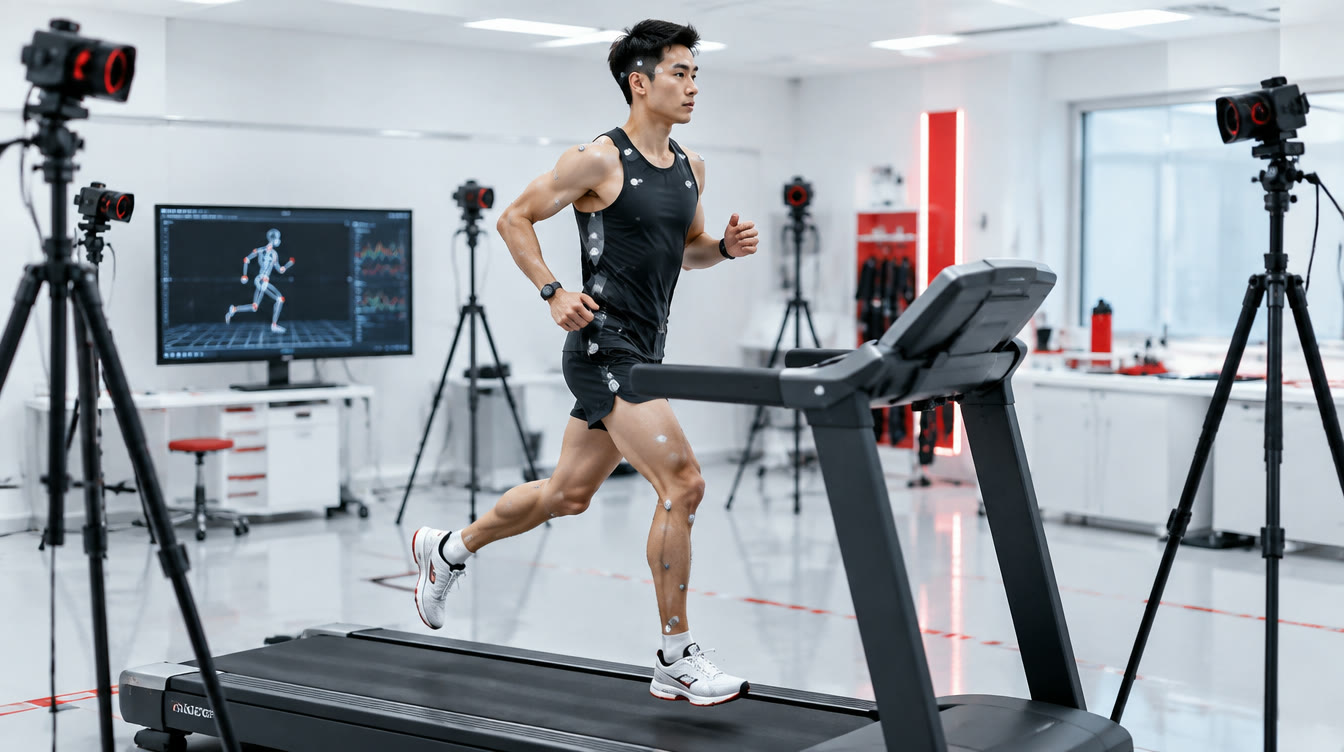 모션 캡처 마커를 붙이고 트레드밀에서 달리는 러너와 카메라들