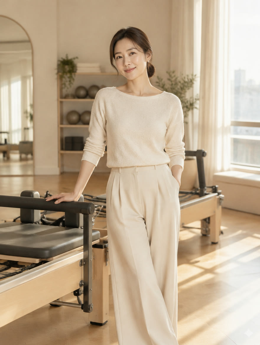 리포머 옆에 선 숨 필라테스 대표원장