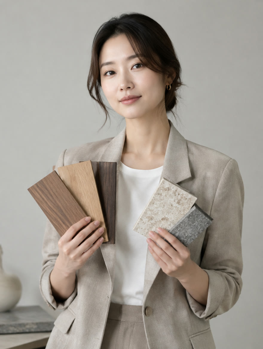 오크와 석재 샘플을 들고 있는 대표 디자이너